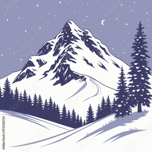 Vector art of serene winter night scene featuring a snowcovered mountain, illuminated by the moonlight and stars, with evergreen trees and ski tracks creating a peaceful atmosphere