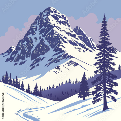Vector art of majestic mountain peak covered in snow, surrounded by evergreen trees and a winding path, evoking a sense of winter wonderland and outdoor adventure