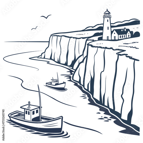 Vector art of coastal scene featuring a lighthouse on a cliff, overlooking the sea with fishing boats sailing nearby, capturing the essence of maritime life and coastal beauty