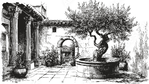 Engraving of Greek courtyard with olive tree, columns, arches. Line art Mediterranean scene for tourism, culture, architecture projects.
