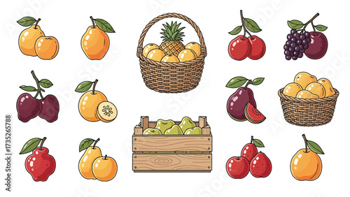 A colorful collection of assorted fresh fruits, including pears, apples, cherries, and pineapple, depicted in a charming cartoon illustration style.