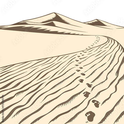 Vector art of sandy desert landscape with dunes and footprints, creating a serene and minimalist scene, the illustration captures the tranquility and vastness of the desert