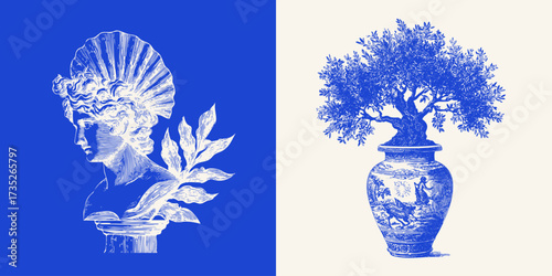 Line art Greek bust and olive bonsai in decorated vase. Vintage crayon pen draw Mediterranean art.