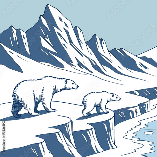 Vector art of a majestic polar bear and its cub traverse a snowy arctic landscape, with towering ice mountains in the background, evoking a sense of resilience and survival