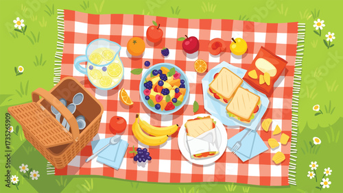 A vibrant overhead illustration of a summer picnic spread on a red and white checkered blanket in a grassy field.