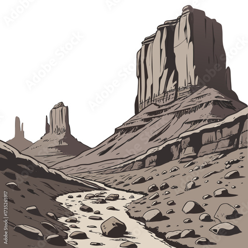 Vector art of a captivating illustration showcases the majestic beauty of monument valley, with its iconic sandstone buttes rising proudly from the desert landscape