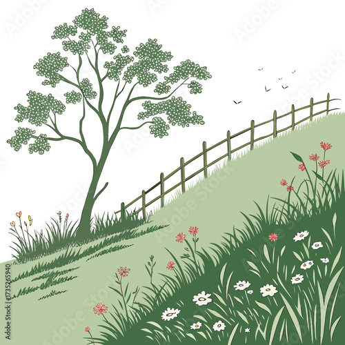 Vector art of idyllic countryside scene featuring a lush green hill, a rustic wooden fence, a solitary tree, and wildflowers, evoking a sense of tranquility and peace