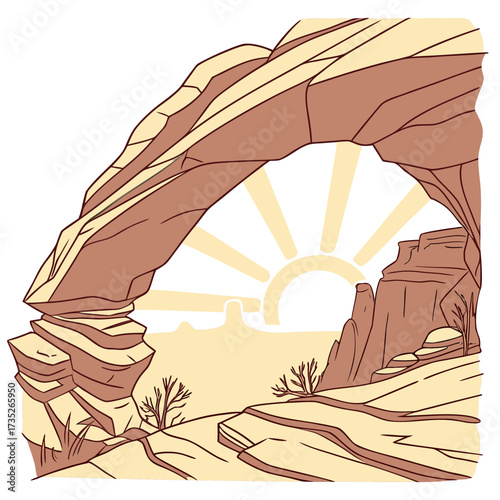 Vector art of majestic sandstone arch in a desert landscape, with the sun shining through, creating a stunning contrast of light and shadow, capturing the essence of the american southwest