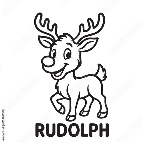 A vector composition portrays Rudolph, Santa’s beloved reindeer, illustrated in minimalist black and white art, highlighted with clear and strong black outline.