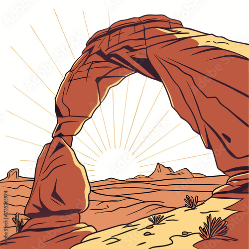 Vector art of dramatic sandstone arch in a desert landscape, illuminated by the suns rays, showcasing the natural beauty and grandeur of the american southwest
