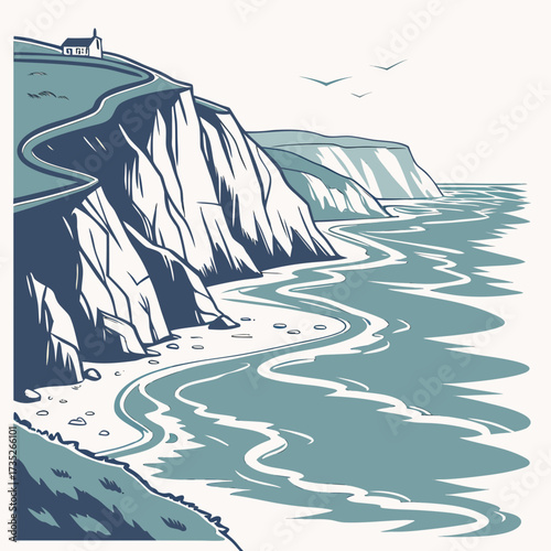 Vector art of a scenic view of a winding coastal road along the cliffs, with a small house perched on the hillside, birds flying overhead, and waves crashing on the shore