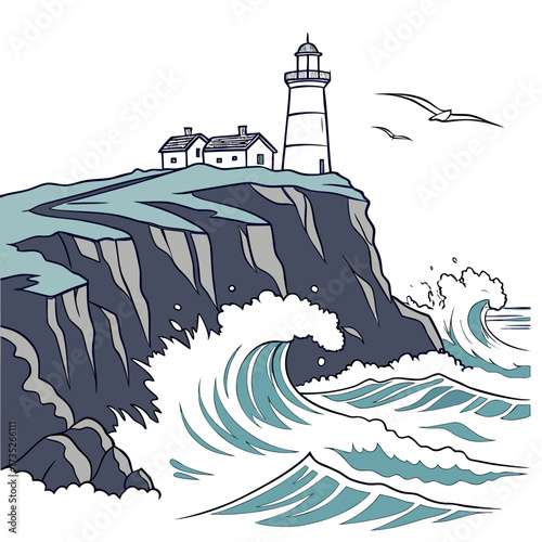 Vector art of a lighthouse standing tall on a rocky cliff, with waves crashing against the shore, seagulls soaring in the sky, and a small house nearby