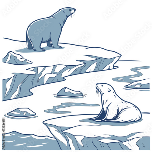 Vector art of a polar bear standing on an ice floe, with a seal resting on another ice floe in the arctic landscape