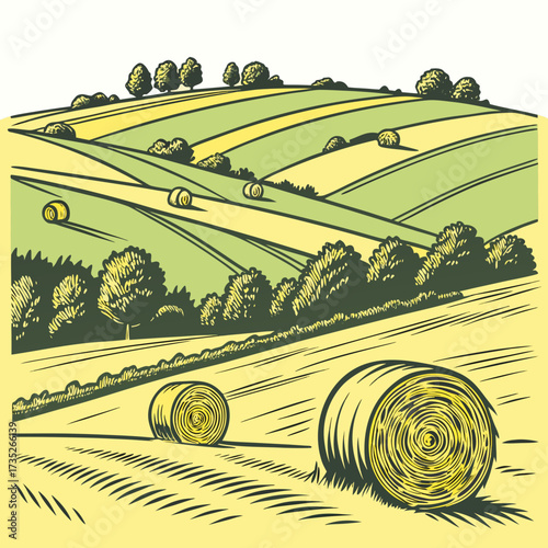 Vector art of rural landscape with hay bales on field vector illustration of countryside scenery with trees and hills in summer time agriculture and farming concept