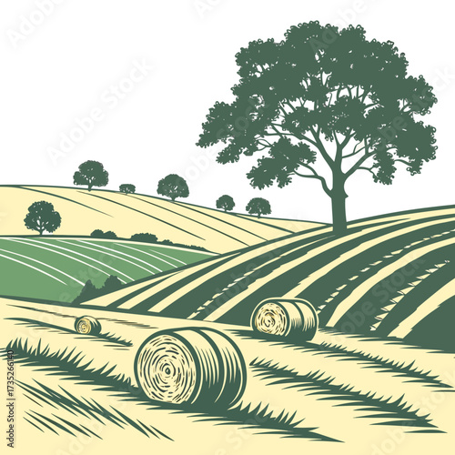 Vector art of rural landscape with hay bales on field vector illustration of countryside scenery with trees and hills in summer time agriculture and farming concept