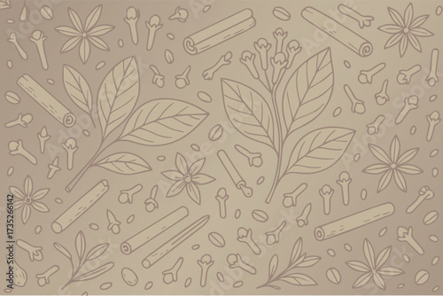 Vector seamless design of spice pattern, including tobacco, clove, and cinnamon motifs, styled in gradient brown hues, perfect for decoration, branding, or posters.