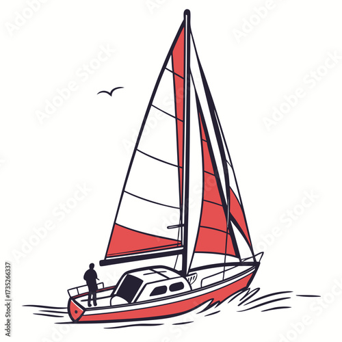 Illustration of a red and white sailboat, featuring a sailor and a seagull, capturing the essence of maritime adventure and coastal exploration