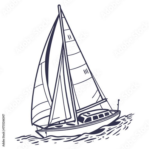 Illustration of a sailboat, showcasing its sleek design, tall mast, and billowing sails, evoking a sense of freedom, adventure, and the thrill of sailing