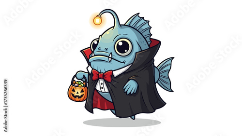Halloween Anglerfish Costume: A cartoon anglerfish in a vampire costume, holding a jack-o'-lantern treat bag. The art style has a cute and friendly feel.