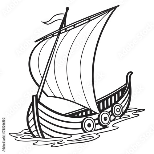 Vector art of a captivating line art illustration showcases a viking ship gracefully sailing on the water, , evoking a sense of adventure and historical exploration