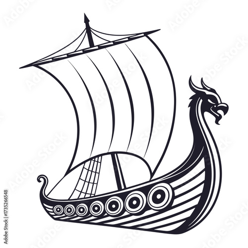 Vector art of a captivating line art illustration showcases a viking ship gracefully sailing on the water, , evoking a sense of adventure and historical exploration
