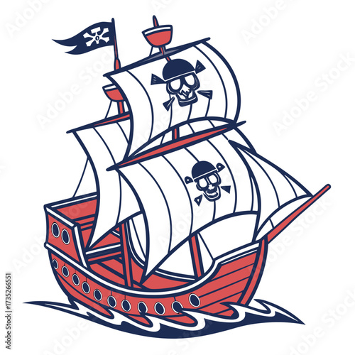 Vector art of a red and white pirate ship with skull and crossbones on the sails, sailing on a the ship is sailing on the ocean with waves