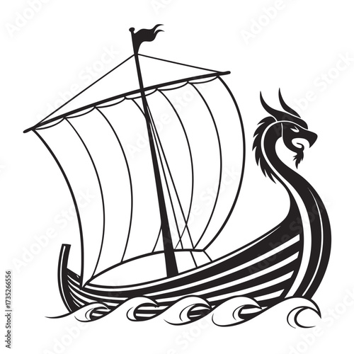 Illustration of a viking ship, showcasing its iconic design with a dragon head prow, striped hull, and a single sail, evoking a sense of adventure and history