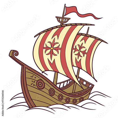 Vector art of colorful illustration of a medieval ship, featuring striped sails adorned with floral emblems, a wooden hull, and a red flag, reminiscent of historical voyages and exploration