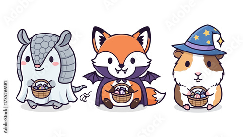 Cute Halloween Animals: An adorable collection of hand-drawn cartoon animals dressed up in festive Halloween costumes. Features include an armadillo, a fox and a guinea pig. 