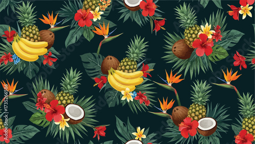 Seamless tropical pattern with pineapples, bananas, coconuts, hibiscus, and bird of paradise flowers on a dark background.