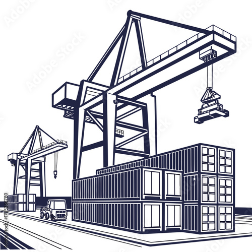 Vector art of detailed illustration of a bustling port with cranes lifting containers, highlighting the intricate network of global trade and logistics