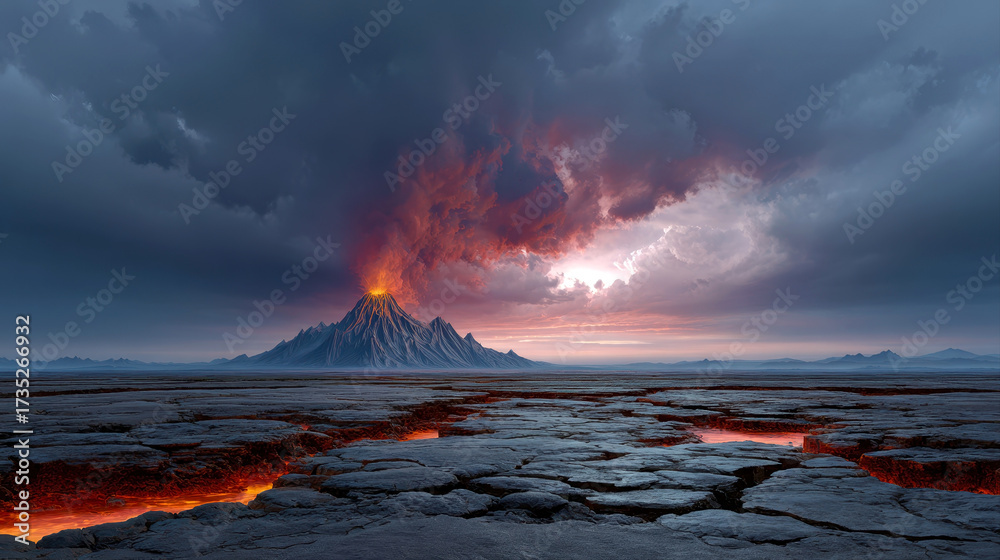 Fototapeta premium Striking landscape featuring a volcano erupting at sunset, with fiery lava flows across cracked earth.