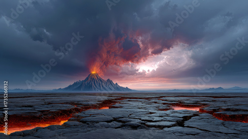 Striking landscape featuring a volcano erupting at sunset, with fiery lava flows across cracked earth.