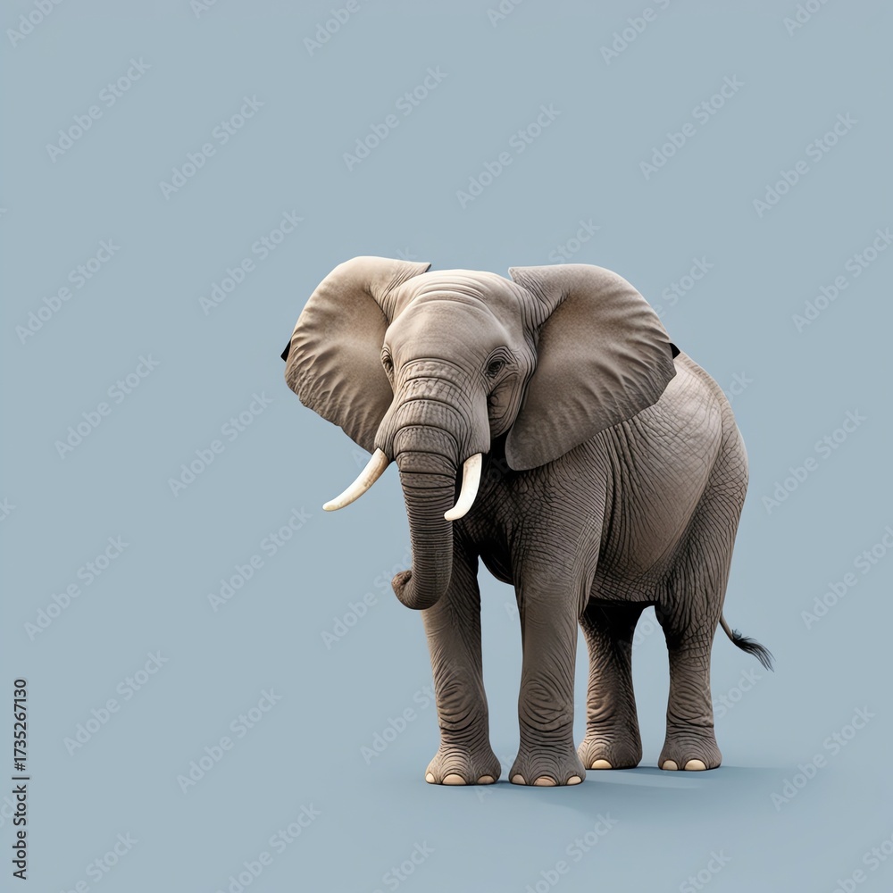 Obraz premium Elegant 4K wallpaper of a gentle elephant standing peacefully with trunk slightly lifted, soft blue minimalist background, showcasing detailed textures of wrinkled skin