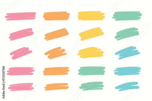Colorful Brush Stroke Vector Set, Pastel Marker Stroke Icons Pack, Minimal Flat Paint Stroke Illustration Collection