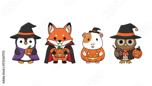 Halloween Animals in Costume: Adorable animals dressed in Halloween costumes, each holding a carved pumpkin, offering a playful and festive scene of spooky fun.