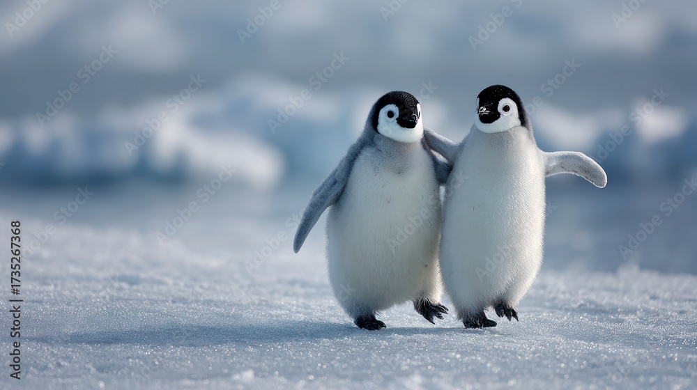 Fototapeta premium Two Adorable Baby Penguins Walking Together on Icy Terrain
