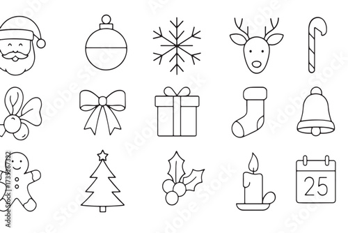 Christmas Outline Icons Vector Pack, Minimal Thin Line Holiday Symbols Set with Santa, Tree, Gifts, Snowflakes, Modern Monochrome Collection
