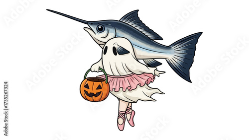 Whimsical Halloween Fusion: A charming cartoon portrays a fusion of halloween and ocean, where a graceful ghost and a swordfish blend together, creating a unique and imaginative image.