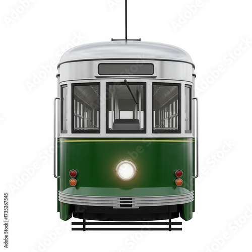Vintage green tram front view isolated on a transparent background