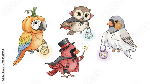 Spooky Feathered Friends: A delightful ensemble of avian characters in enchanting Halloween costumes, each clutching a lantern, ready for a night of trick-or-treating.