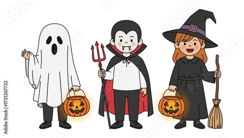 Happy Halloween Trio: Three adorable characters in Halloween costumes ready for trick-or-treating, smiling with candy baskets.