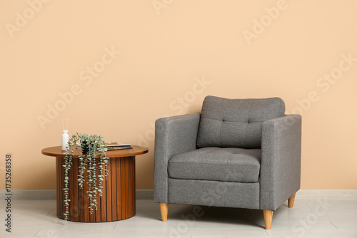 Modern gray armchair and wo...
