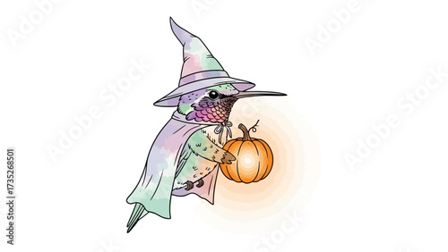 Hummingbird with Pumpkin Illustration: A whimsical and charming illustration of a hummingbird dressed in a wizard's attire, cradling a glowing pumpkin for Halloween celebrations.