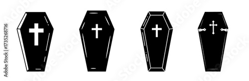 A set of four black coffin icons with white Christian crosses, depicted in a simple vector style on a white background.