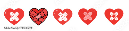 A row of five red hearts, four with white bandages, one broken into pieces.