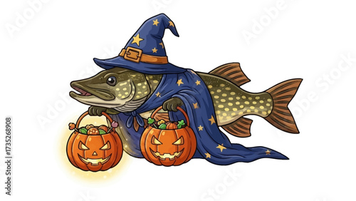 Mystical Halloween Fish: A whimsical digital illustration depicts a fish dressed in a wizard costume holding two carved pumpkins, inviting a festive atmosphere.