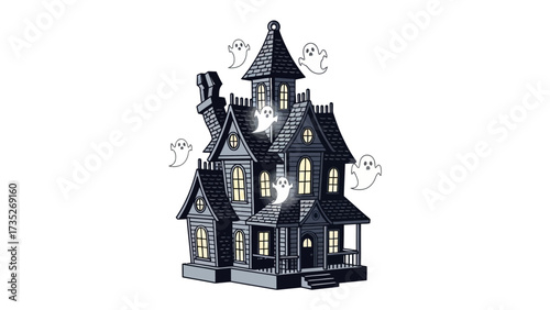 Spooky Manor with Ghost: An illustration of an eerie haunted manor house, ghostly apparitions float gently around the mansion's shadowy turrets.