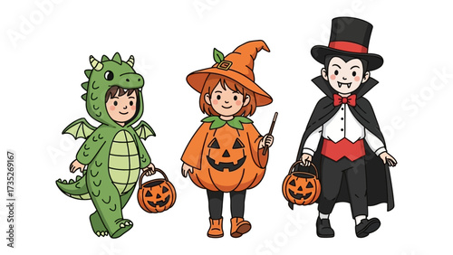 Halloween Costume Parade: Three adorable children, each adorned in vibrant costumes – a friendly dragon, a cheerful pumpkin, and a dapper vampire – embark on a trick-or-treating adventure.