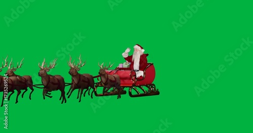 Animation of christmas santa claus in sleigh with reindeer on transparent background